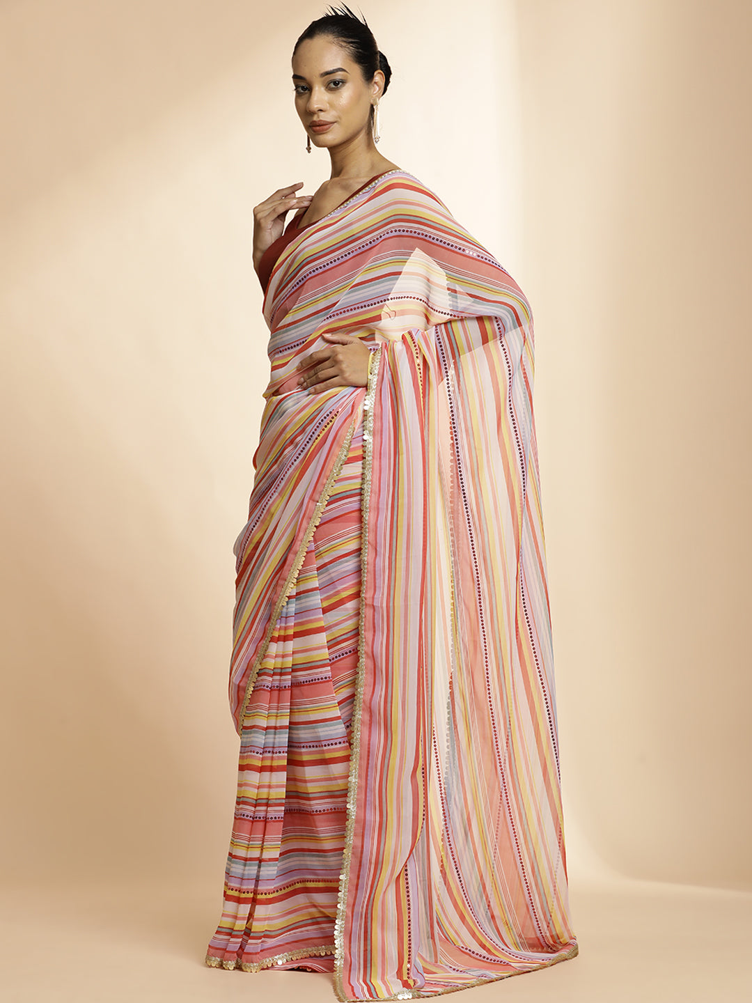 Red Striped Sequin Embellished Festive Multicolor Saree