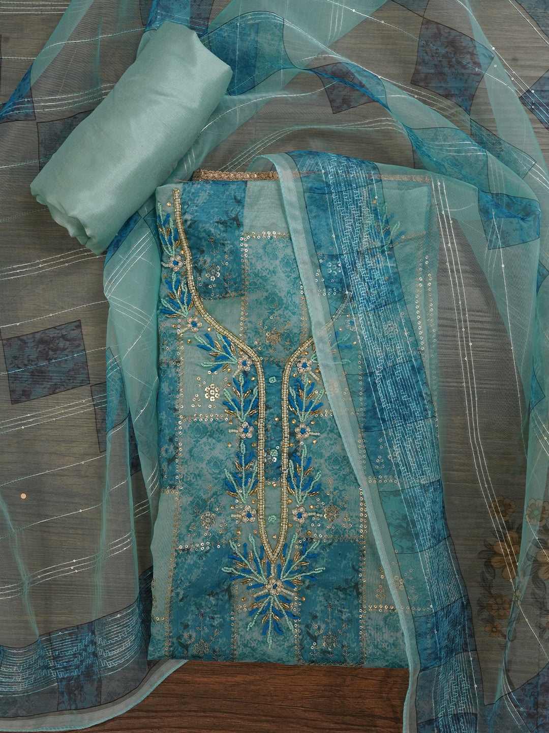 Sea Green Festive Silk Blend Zari Woven Dress Material With Dupatta
