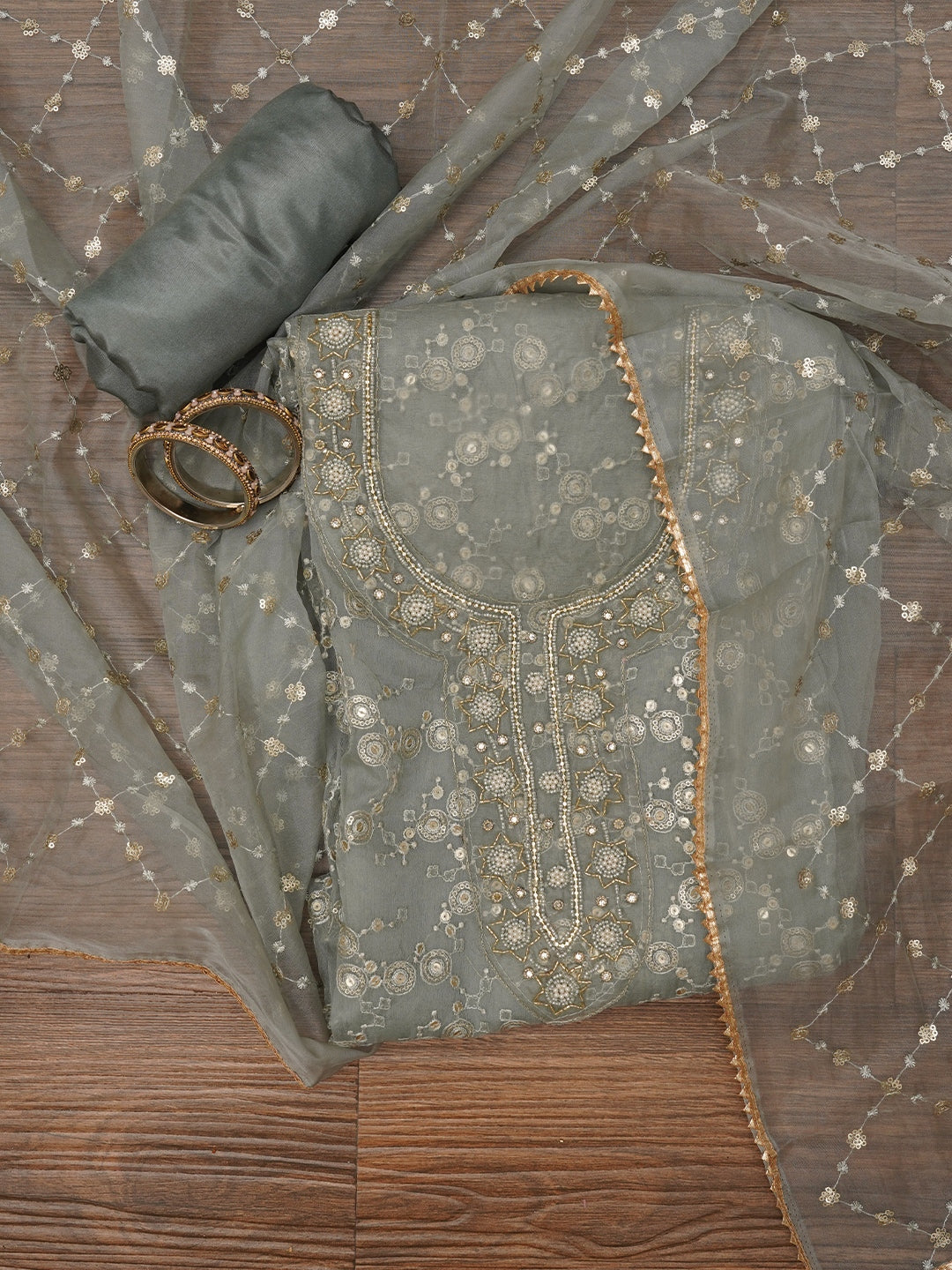 Mehandi Green Festive Embellished Organza Dress Material with Dupatta