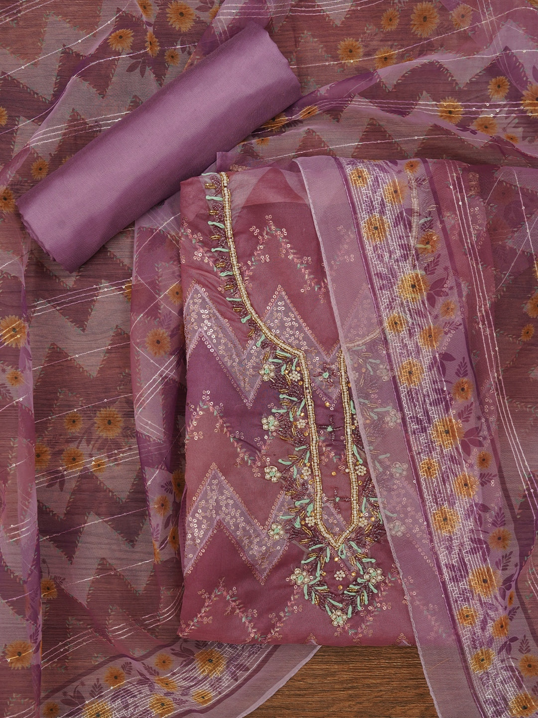 Sequin Embroidered Multicolor Organza Dress Material with Dupatta