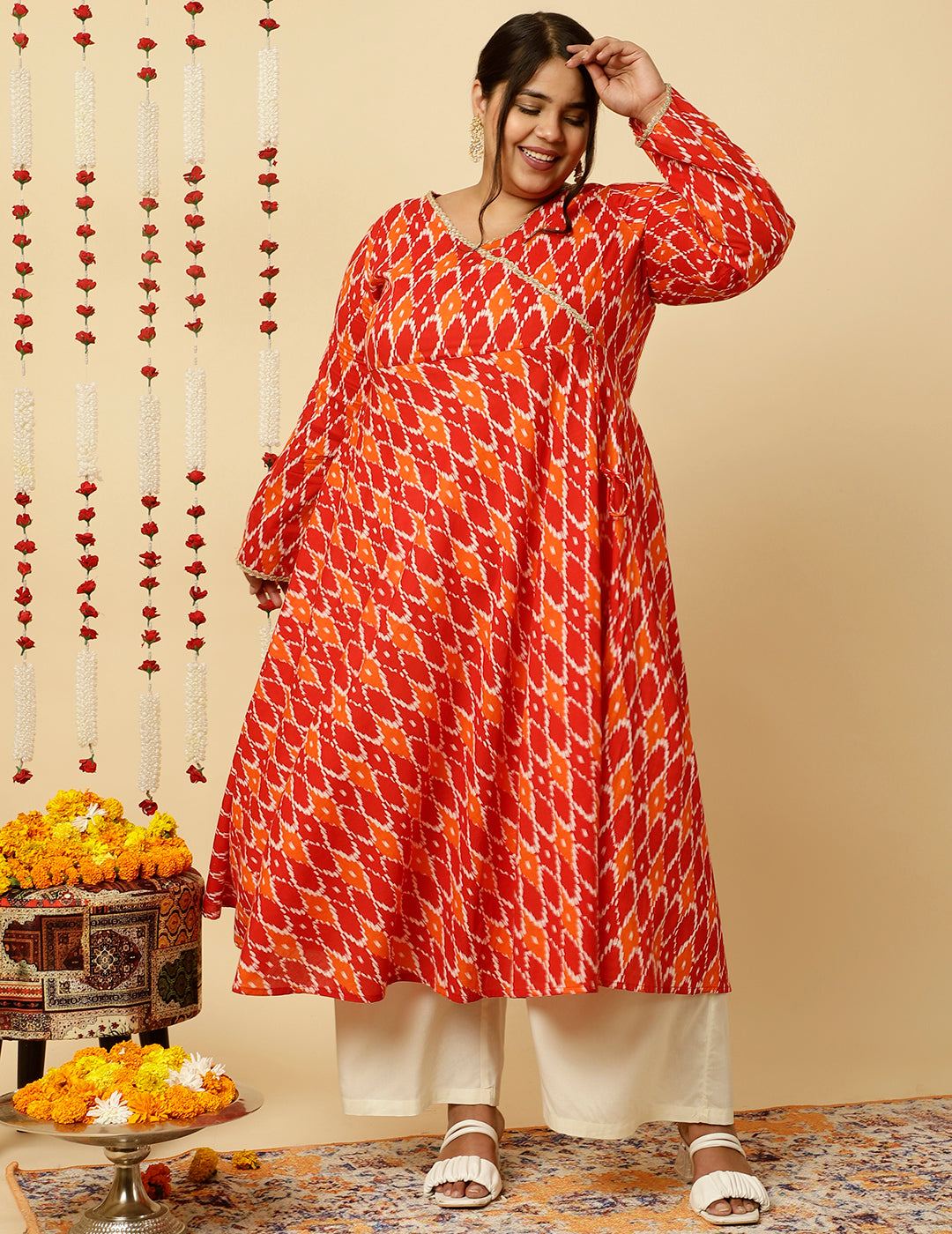 Plus Size Red Ikat Printed Angrakha Kurta