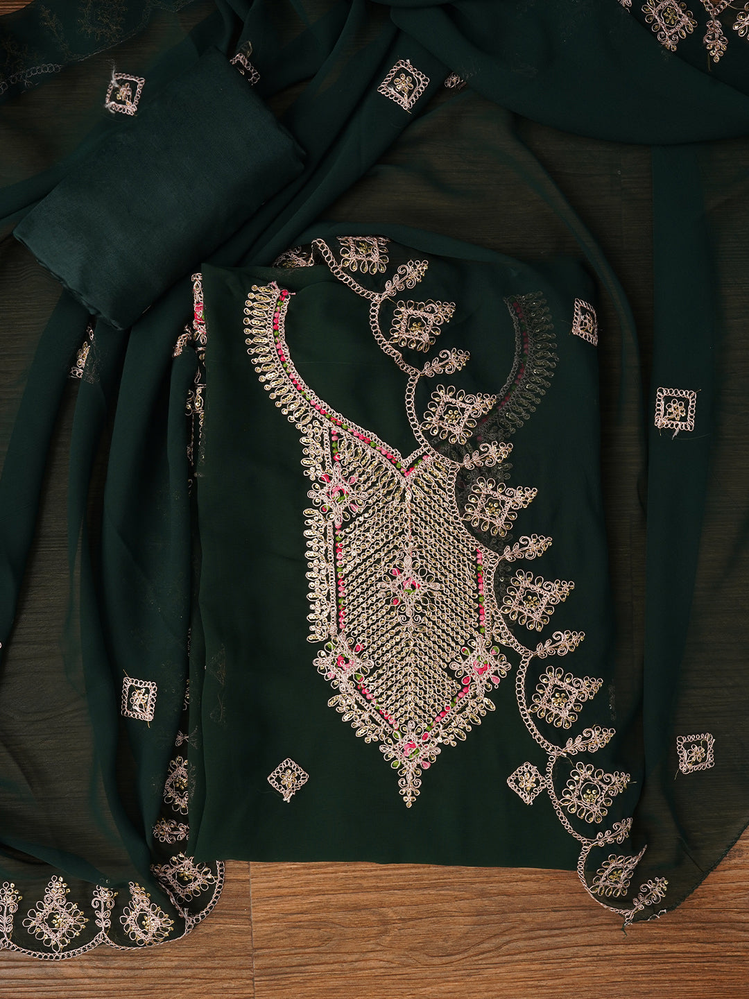 Green Zari Silk Georgette Dress Material with Dupatta