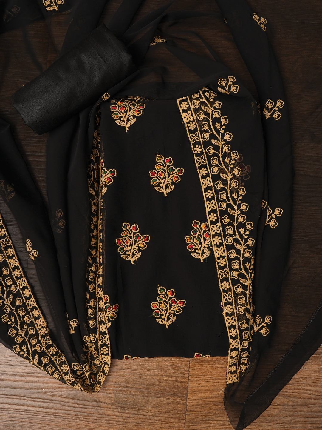 Zari Silk Georgette Black Dress Material with Dupatta