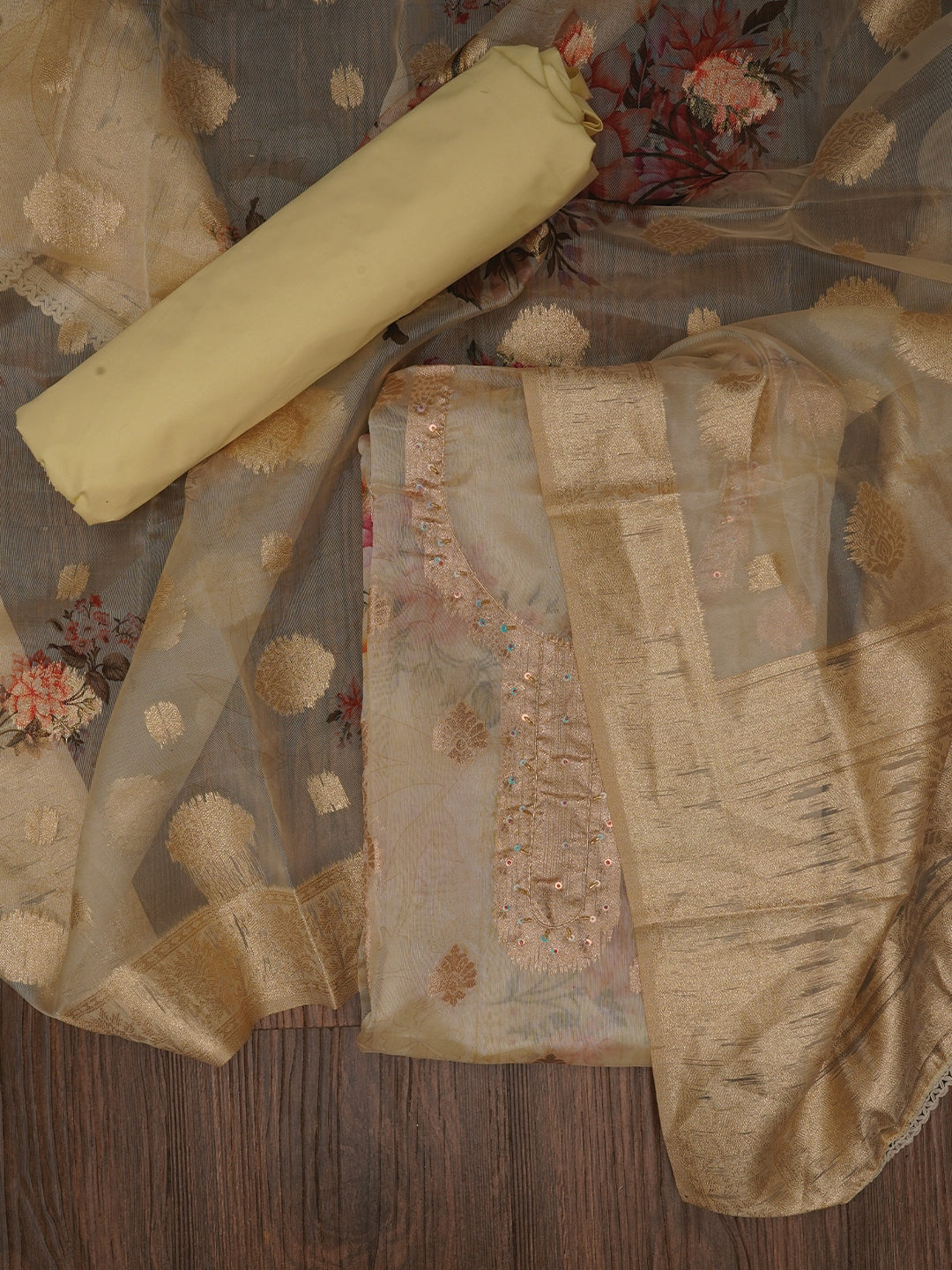 Beige Floral Printed Embellished Organza Dress Material with Dupatta