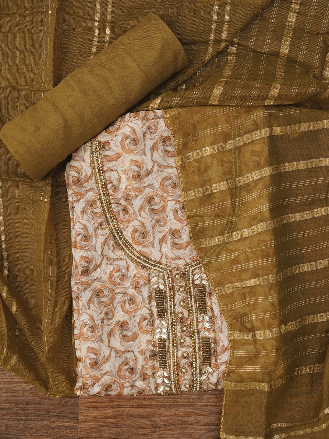 Unstitched Embellished Multicolor Cotton Blend Dress Material with Dupatta