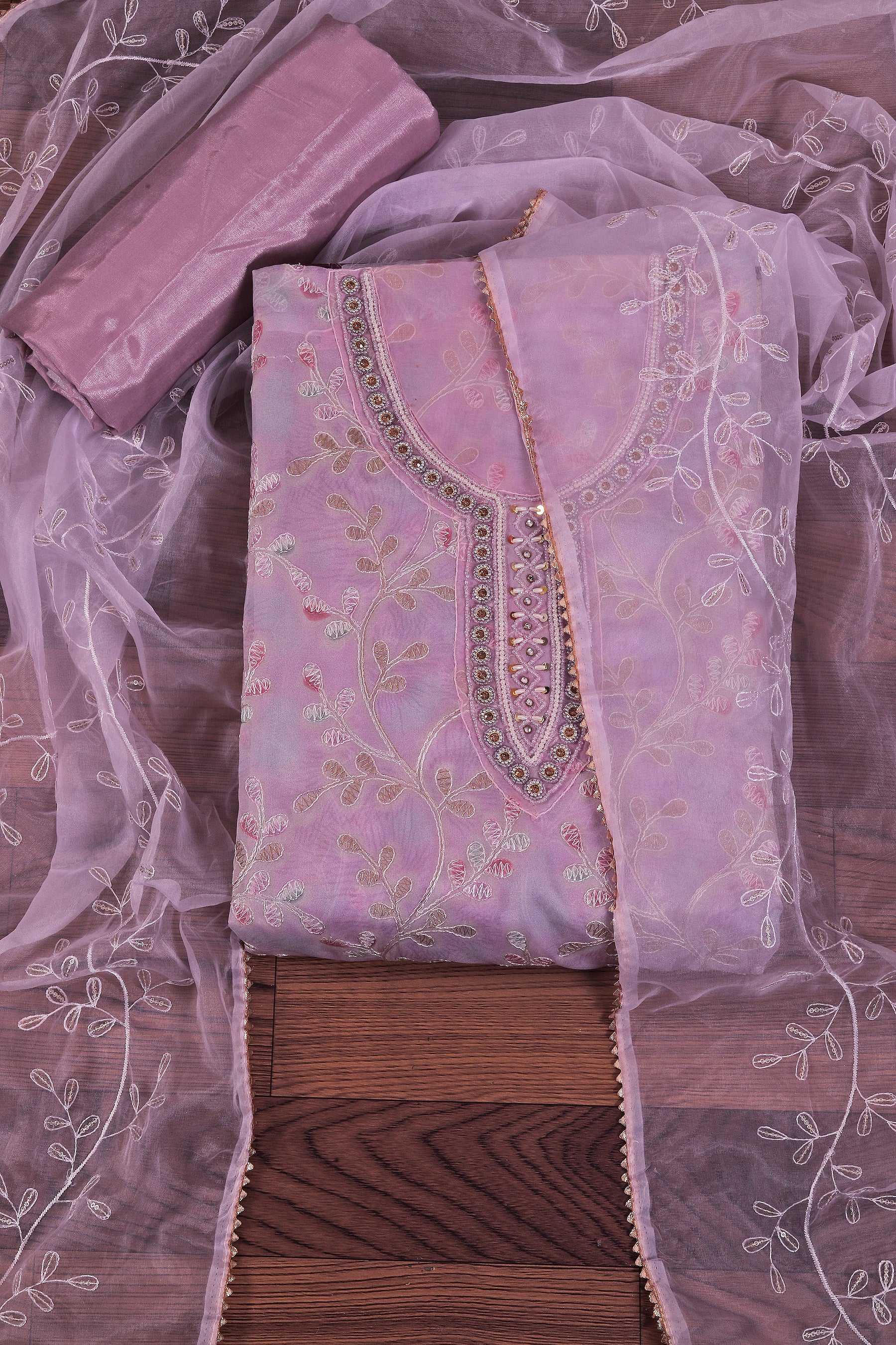 Lavender Organza Embellished Dress Material With Dupatta