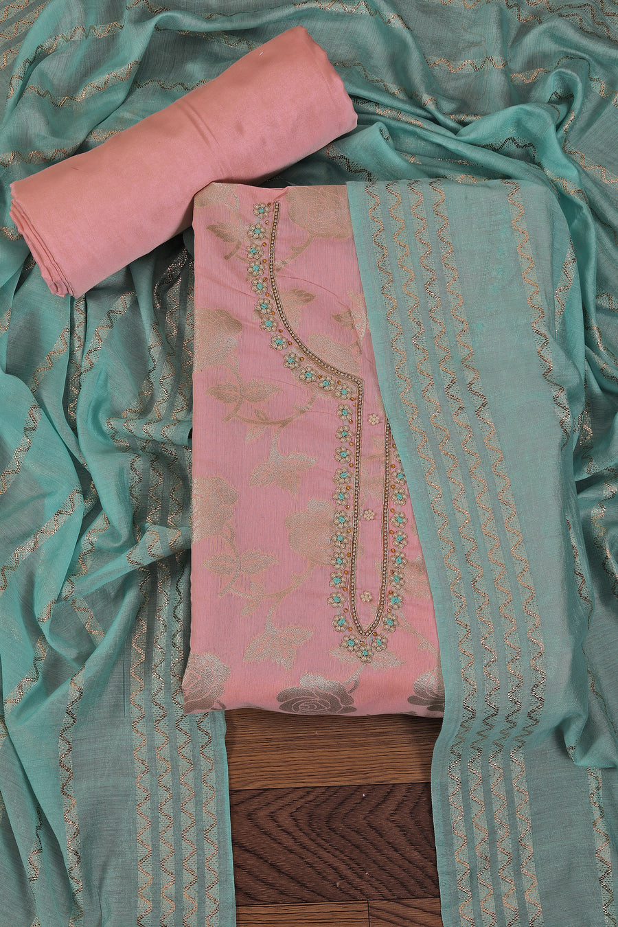 Unstitched Beads and Stones Dress Material With Dupatta