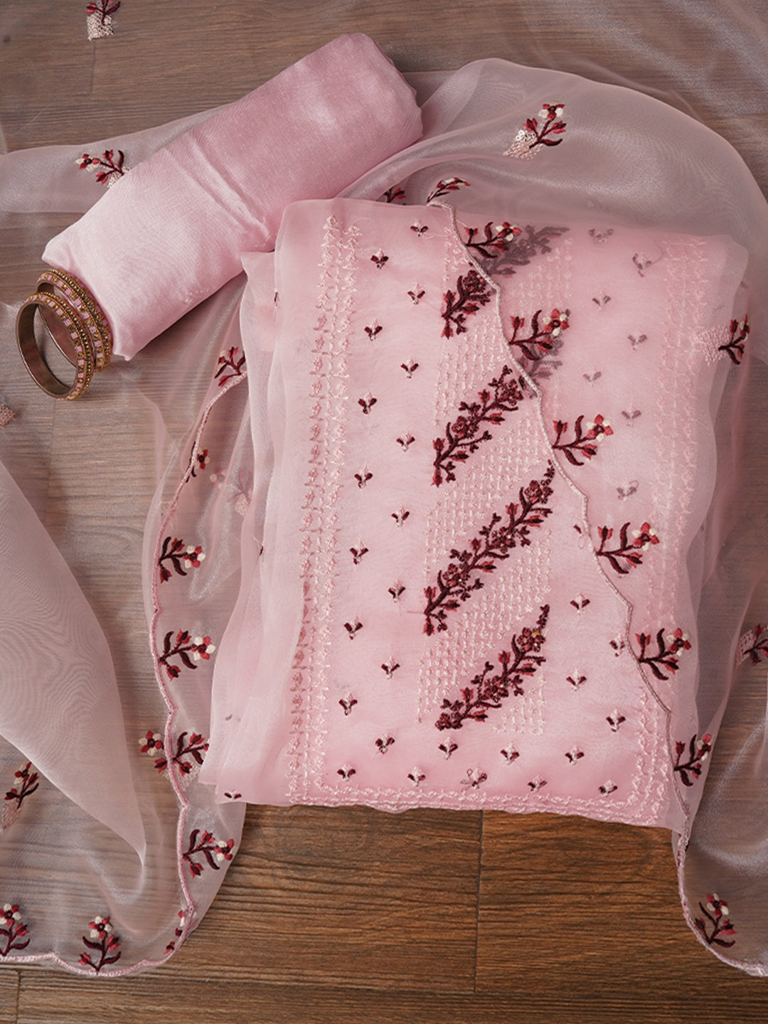 Zari Pink Embroidered Organza Dress Material with Dupatta