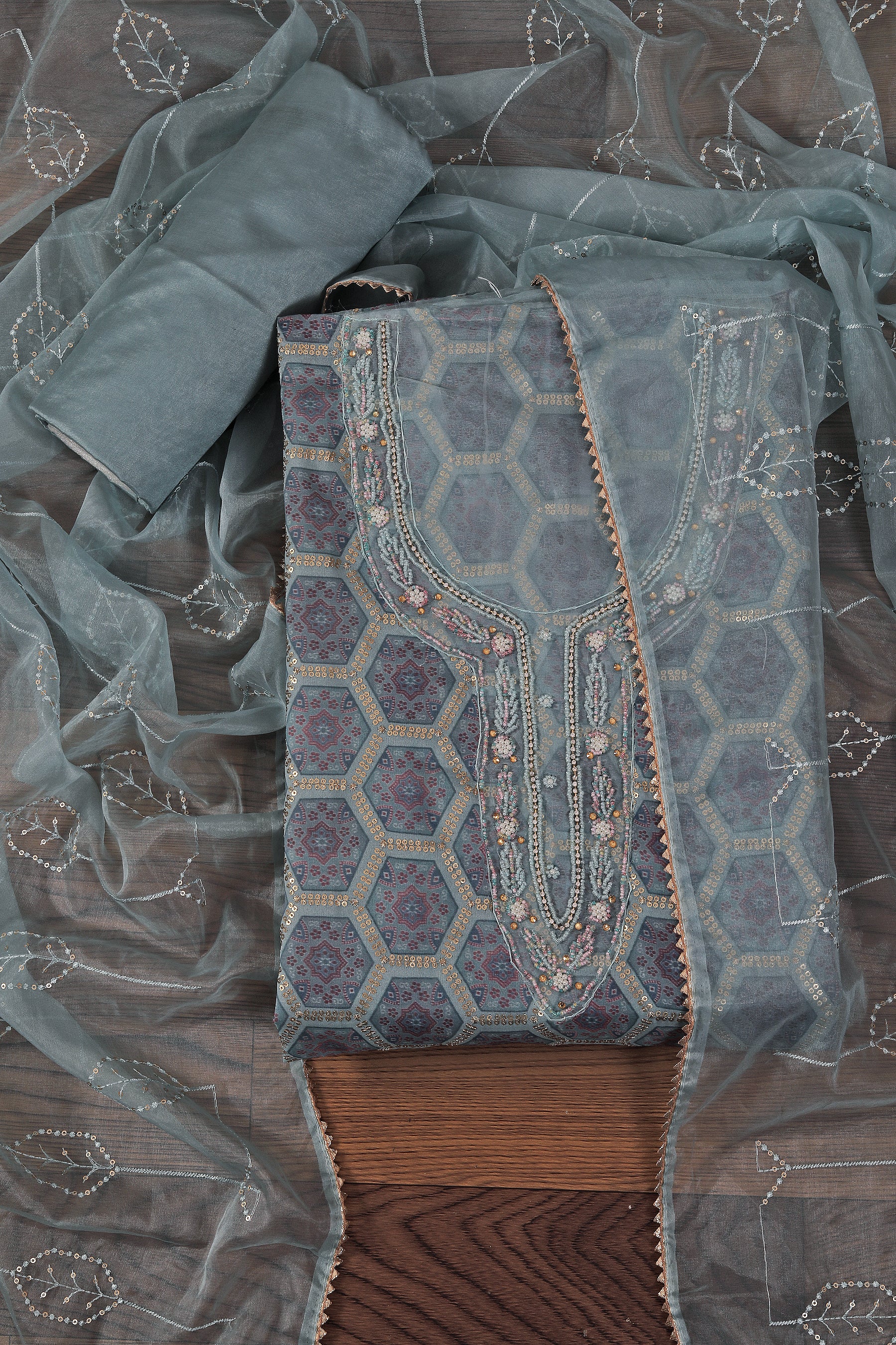 Green Organza Embellished Dress Material With Dupatta