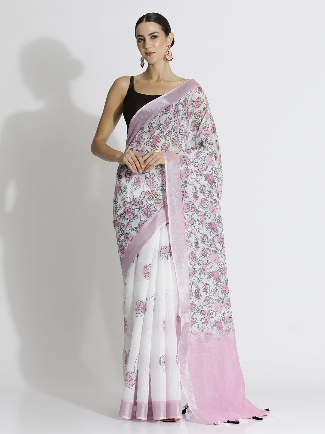 Floral Printed Daily Wear White Pure Linen Saree