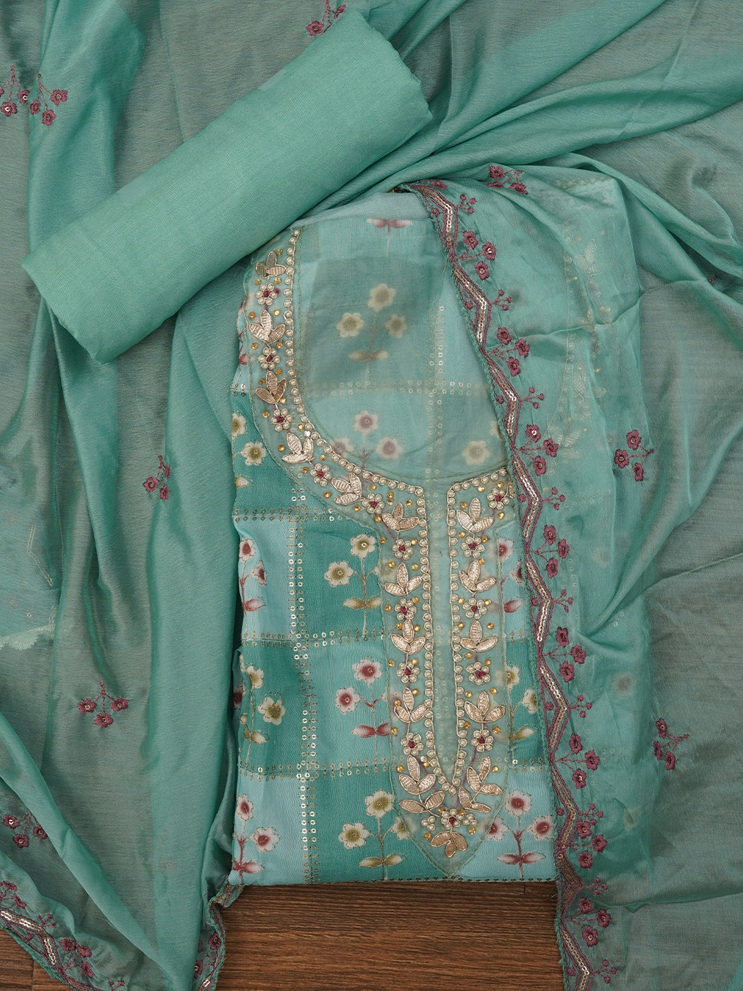 Sequin Embellished Silk Blend Multi Color Dress Material with Dupatta