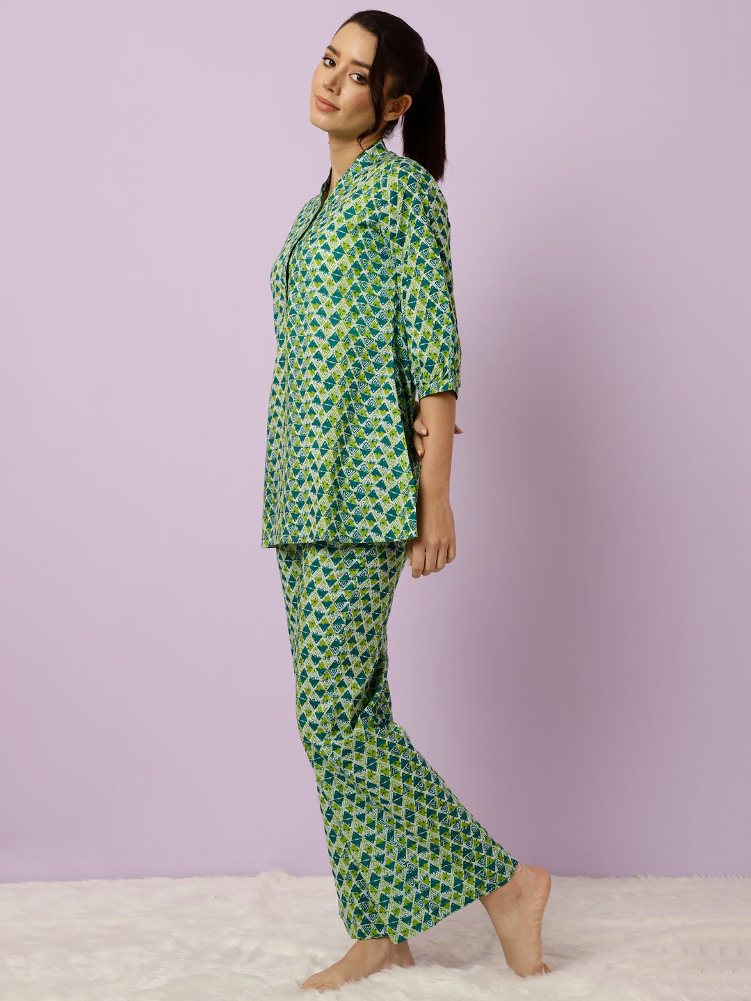 Green Geometric Printed Kurta With Palazzo Loungewear