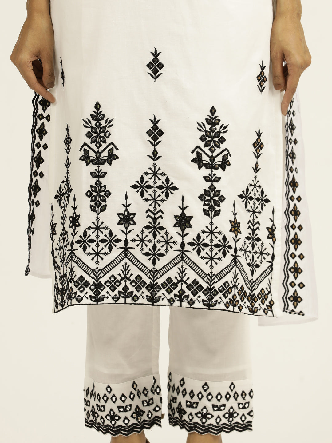 Resham Embroidered White Cotton Suit Set