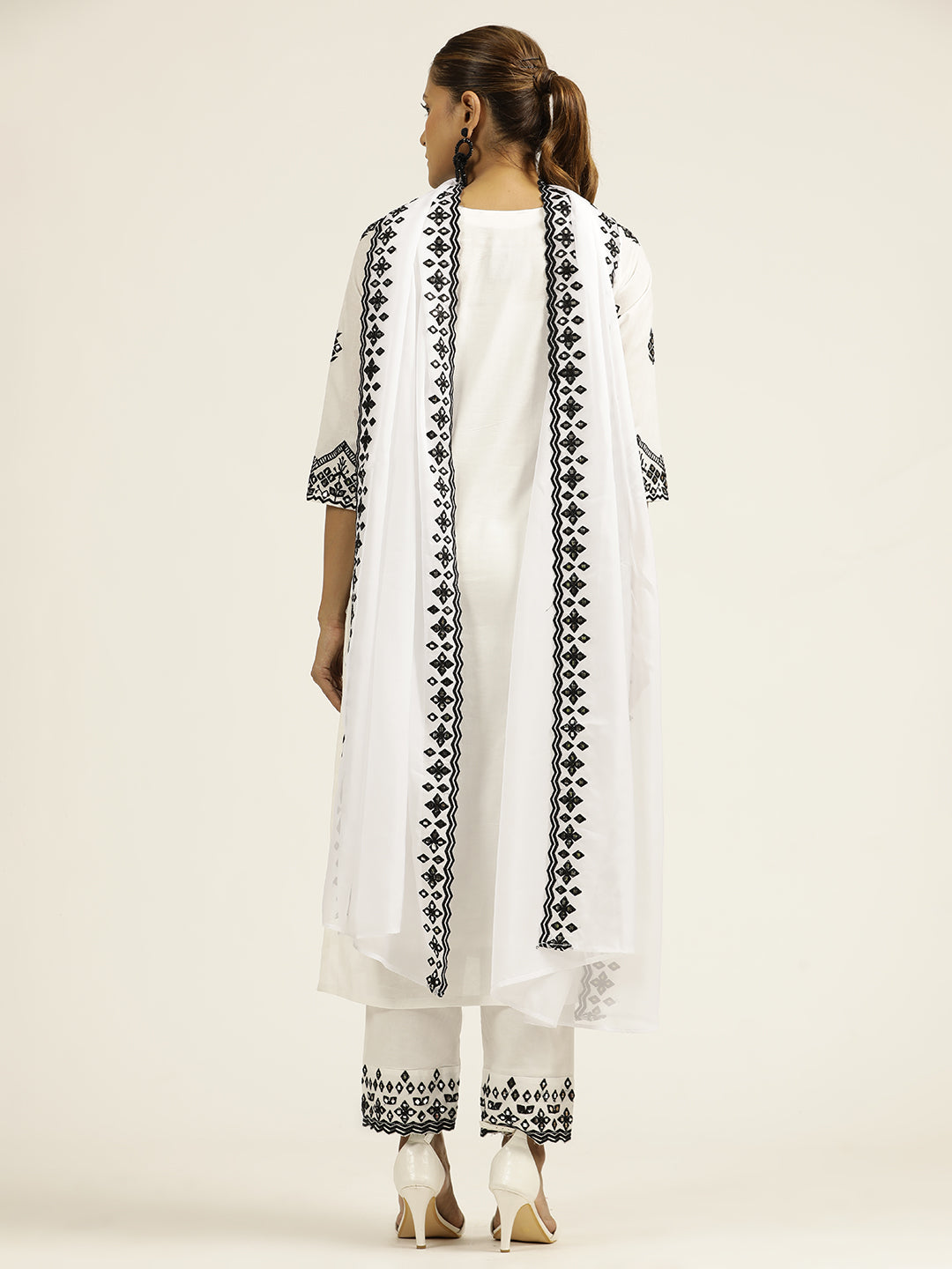 Resham Embroidered White Cotton Suit Set