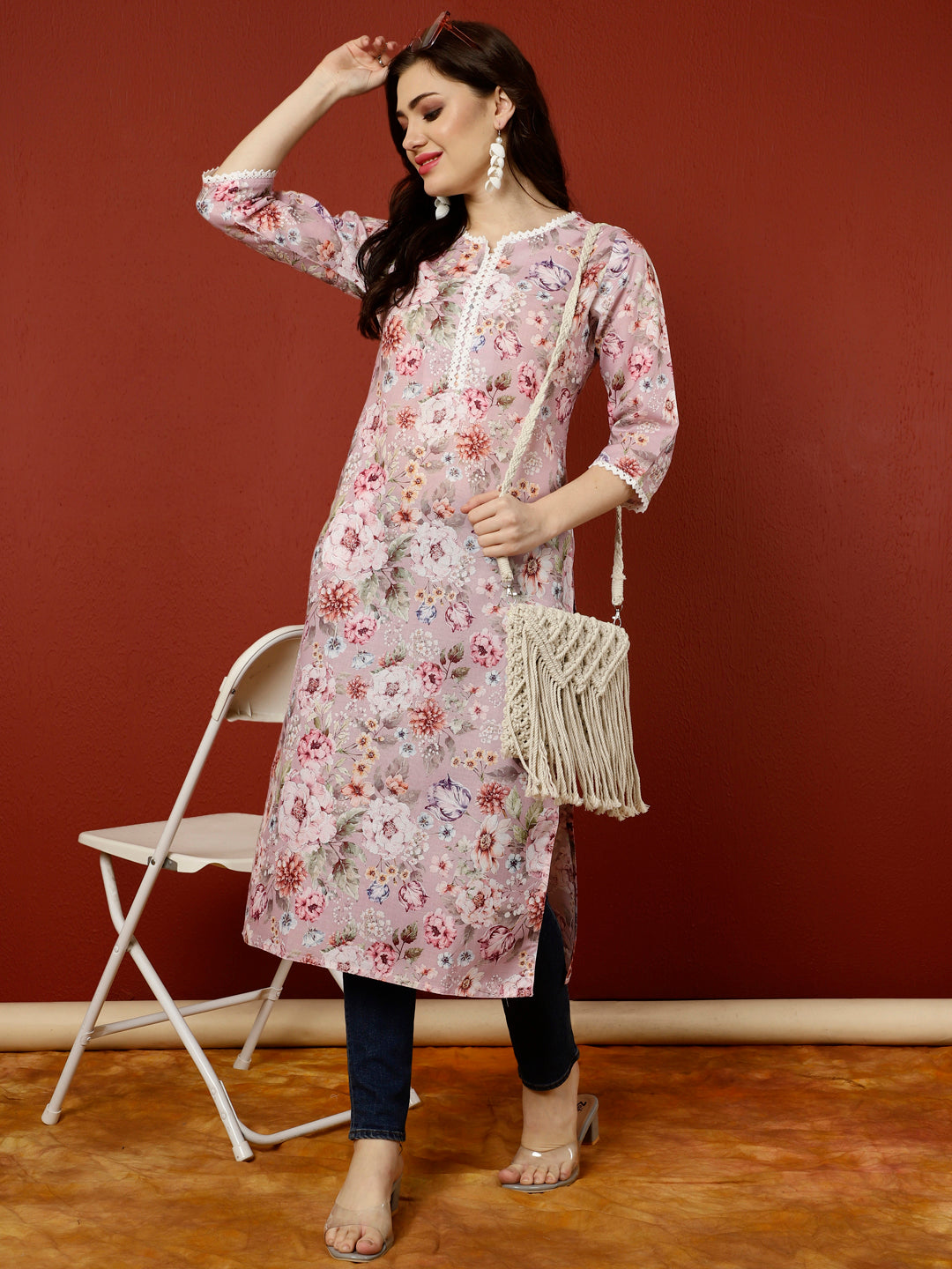 Pink Floral Printed Straight Kurta