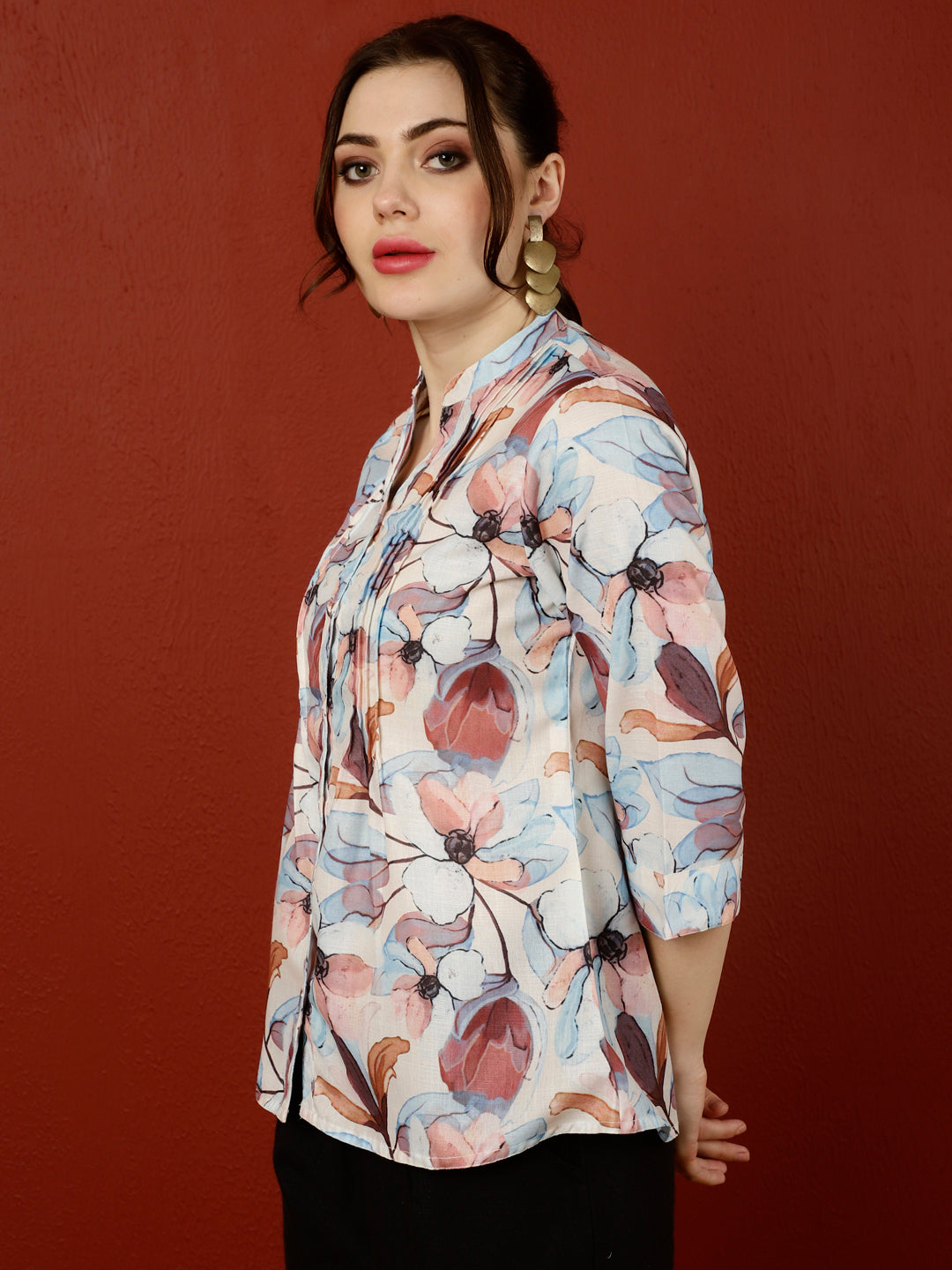 Off-White & Brown Floral Pleated Top