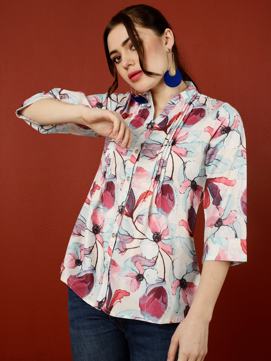 Off-White & Magenta Floral Pleated Top