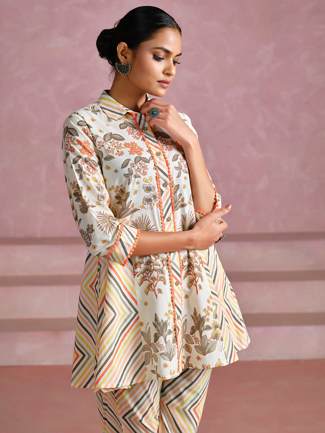 Embroidered A-Line Pure Cotton Top & Trousers Co-Ord Set