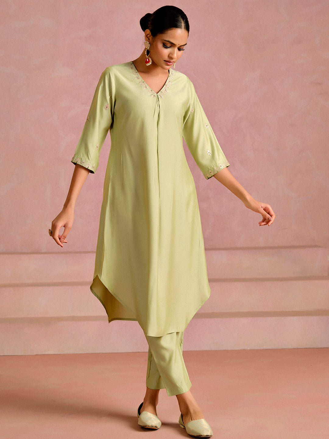Embroidered A-Line Cotton Silk Kurta & Trousers Sets