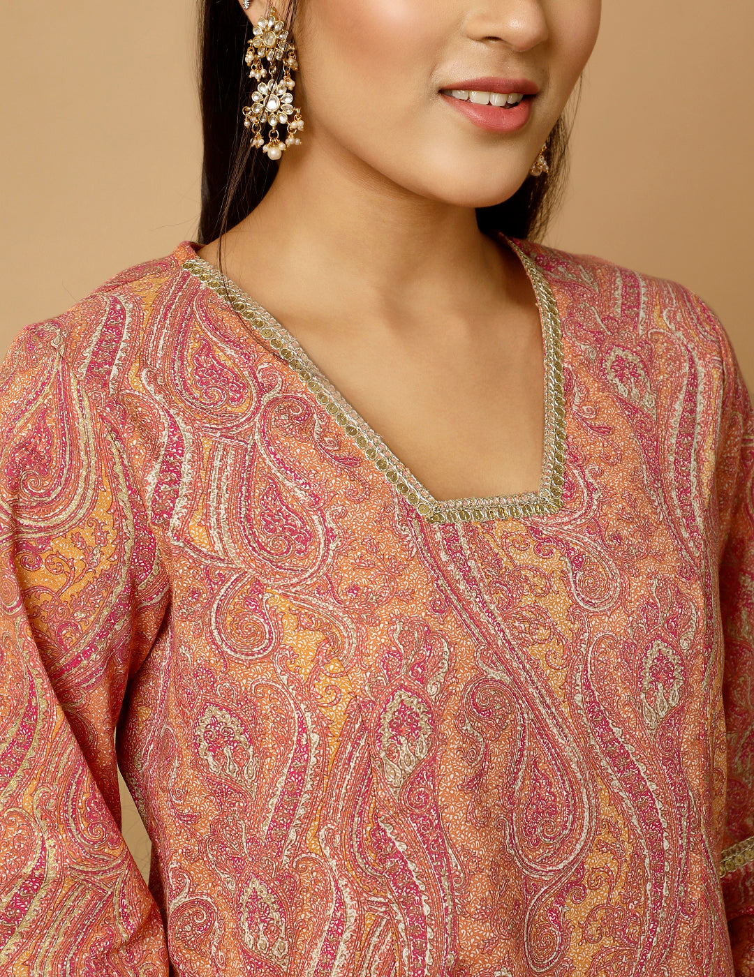 Peach Paisley Print Pakistani Kurta