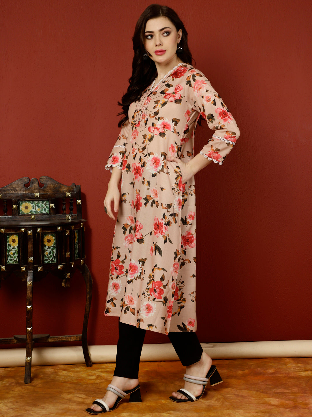 Peach Floral Printed Digital Printed A-line Kurta