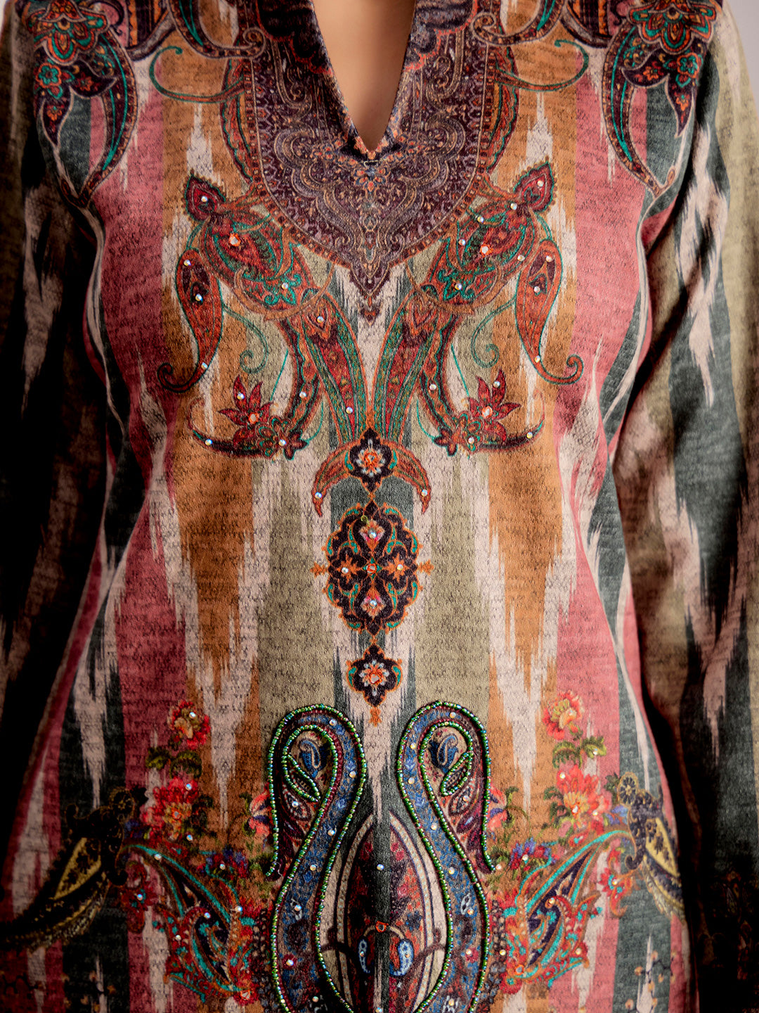 Ethnic Motifs Embroidered Straight Wool Blend Top & Trousers Sets