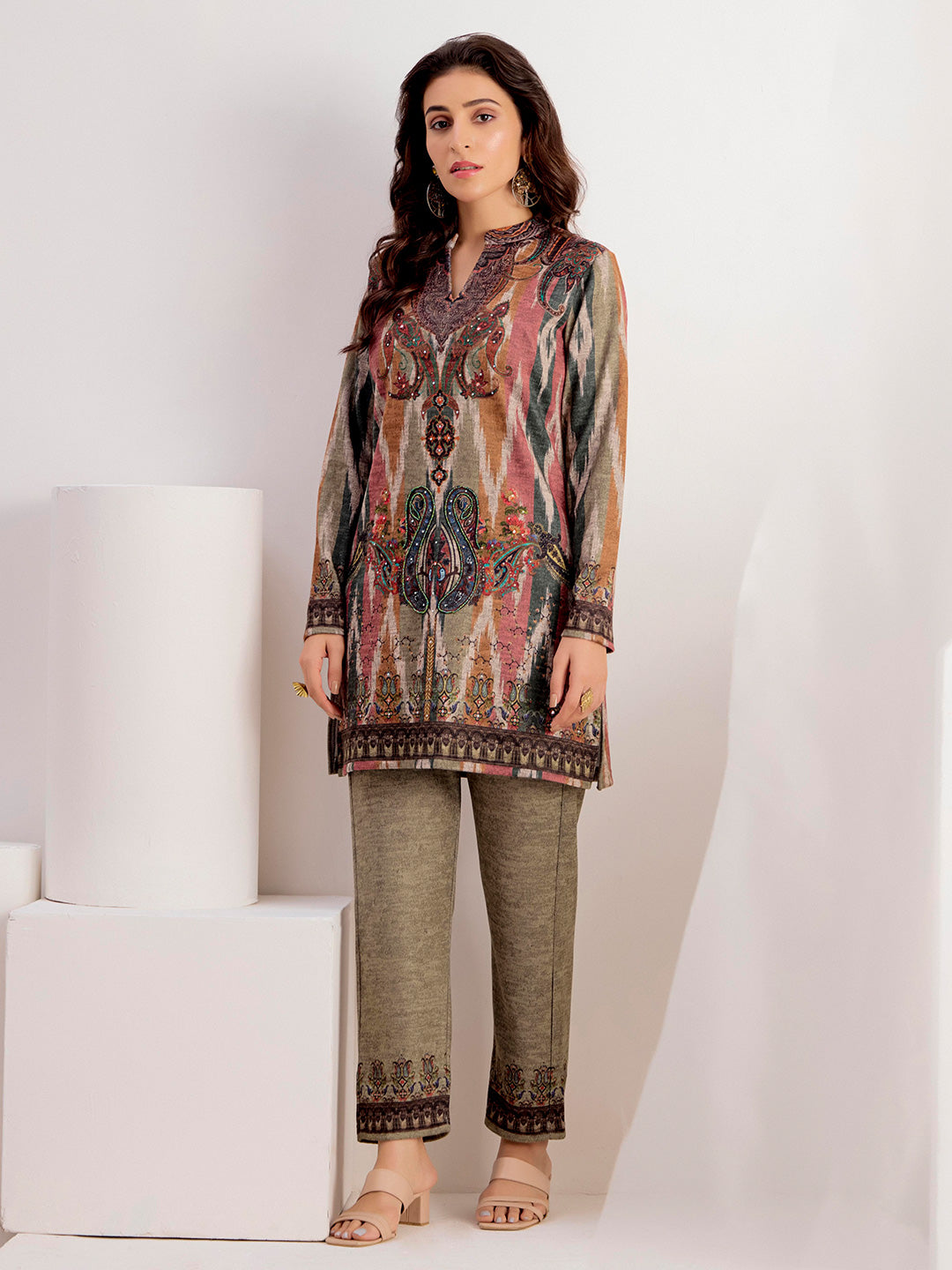 Ethnic Motifs Embroidered Straight Wool Blend Top & Trousers Sets