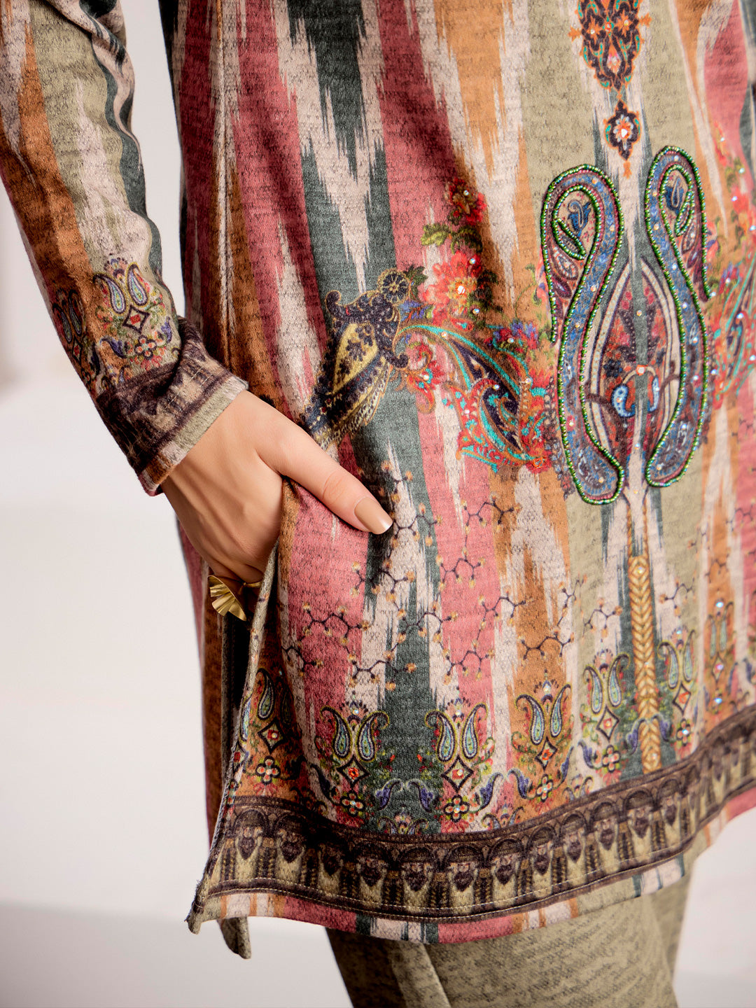 Ethnic Motifs Embroidered Straight Wool Blend Top & Trousers Sets