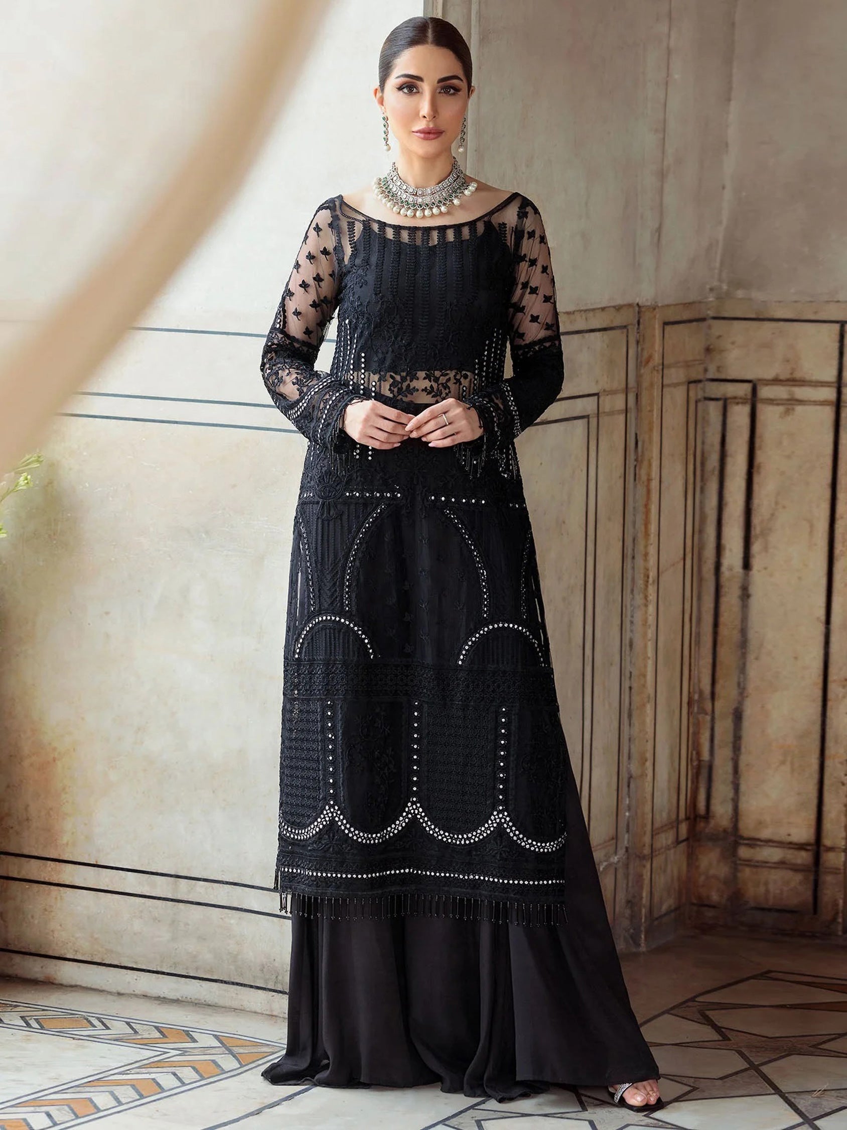 Embroidered Semi-Stitched Net Kurta And Sharara With Dupatta