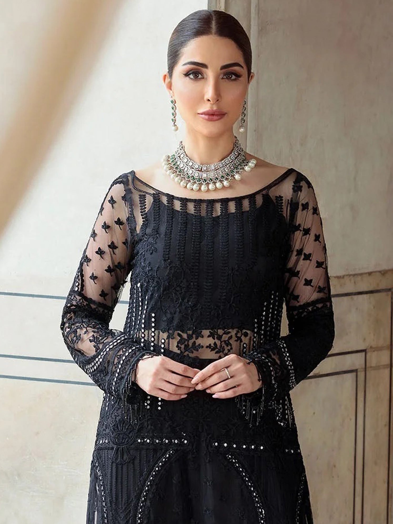 Embroidered Semi-Stitched Net Kurta And Sharara With Dupatta