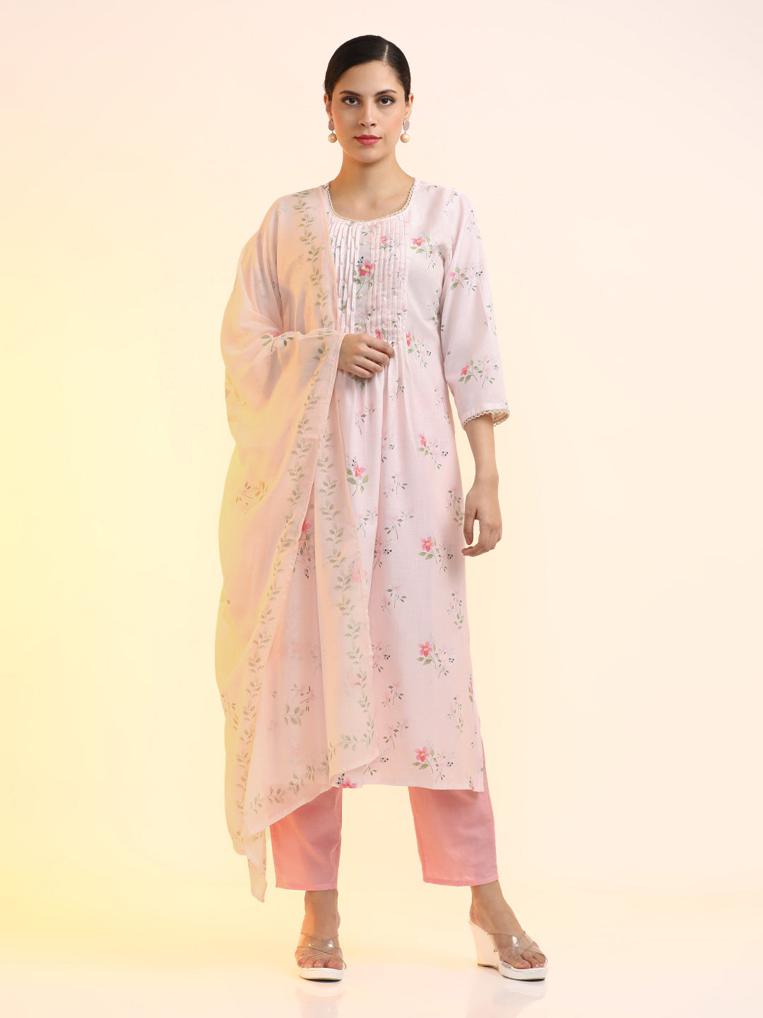 Embroidered Linen Floral Kurta Sets With Dupatta
