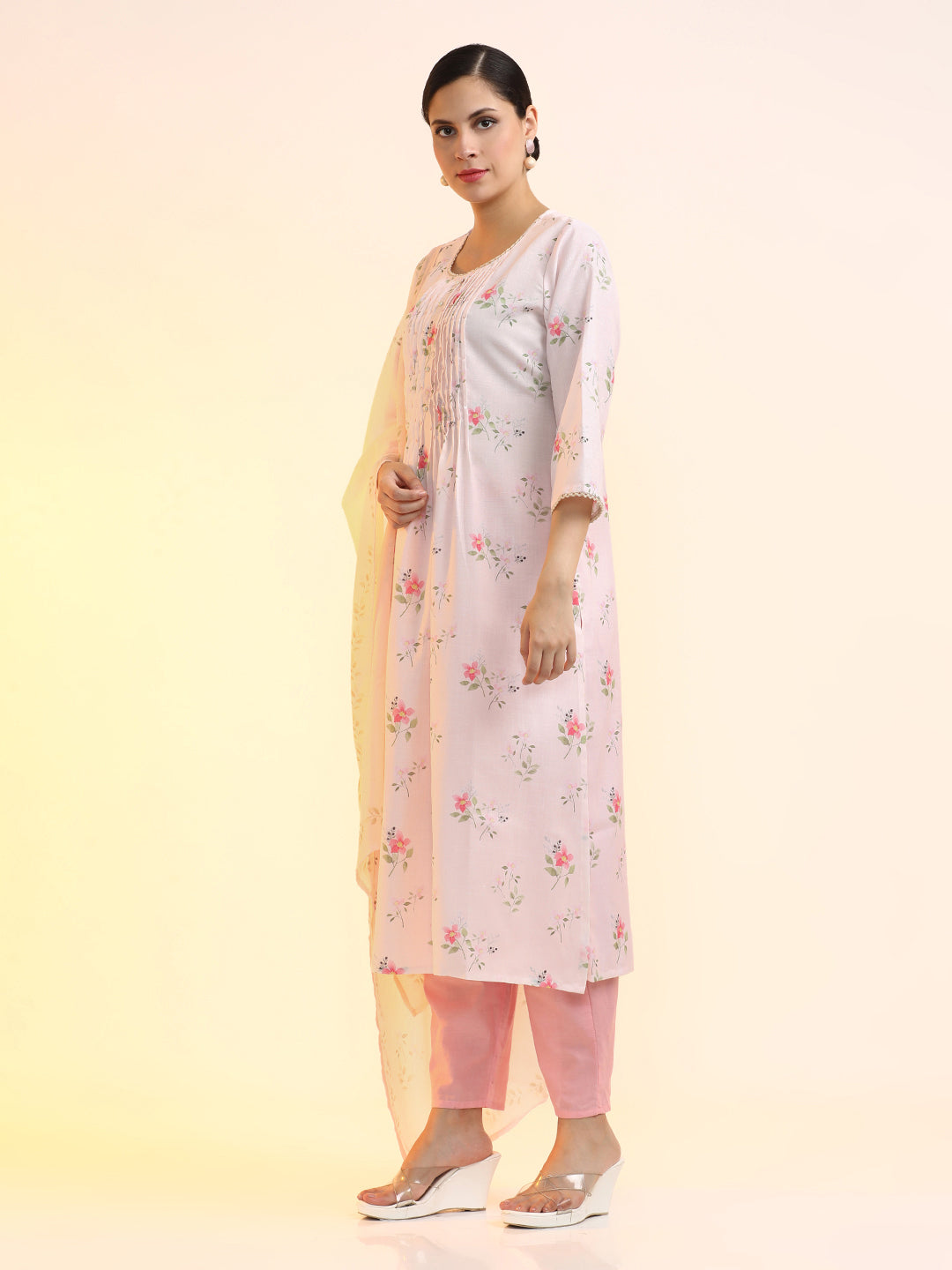 Embroidered Linen Floral Kurta Sets With Dupatta