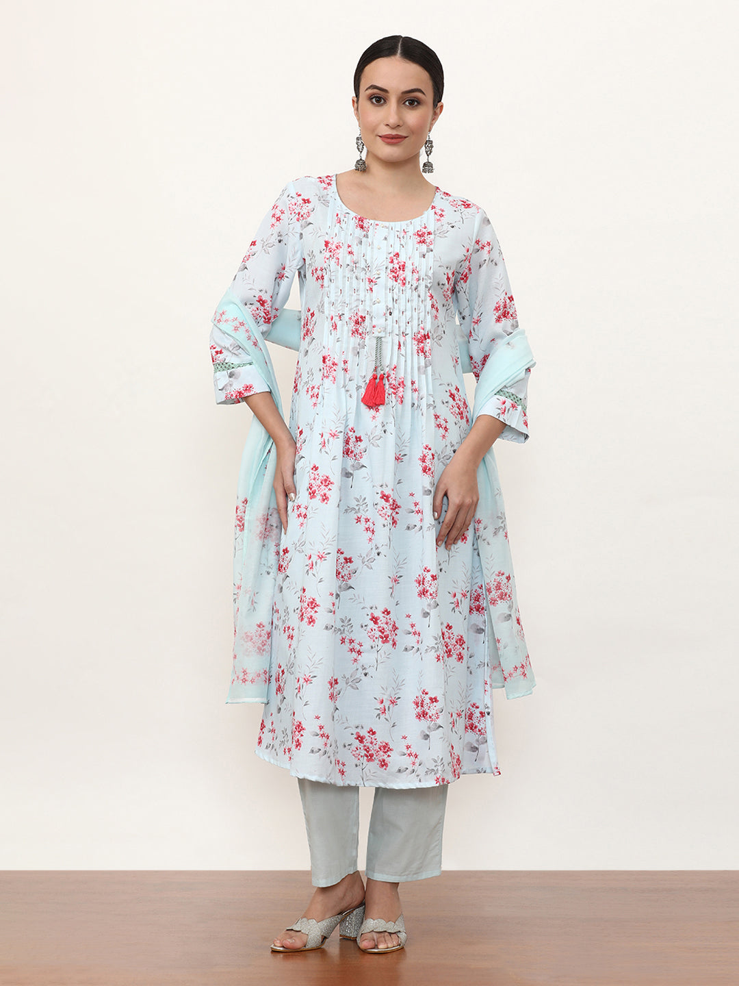 Embroidered Linen Floral Kurta Sets With Dupatta