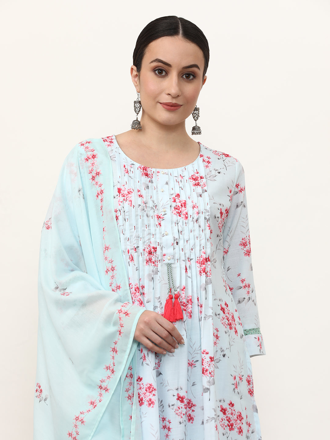 Embroidered Linen Floral Kurta Sets With Dupatta