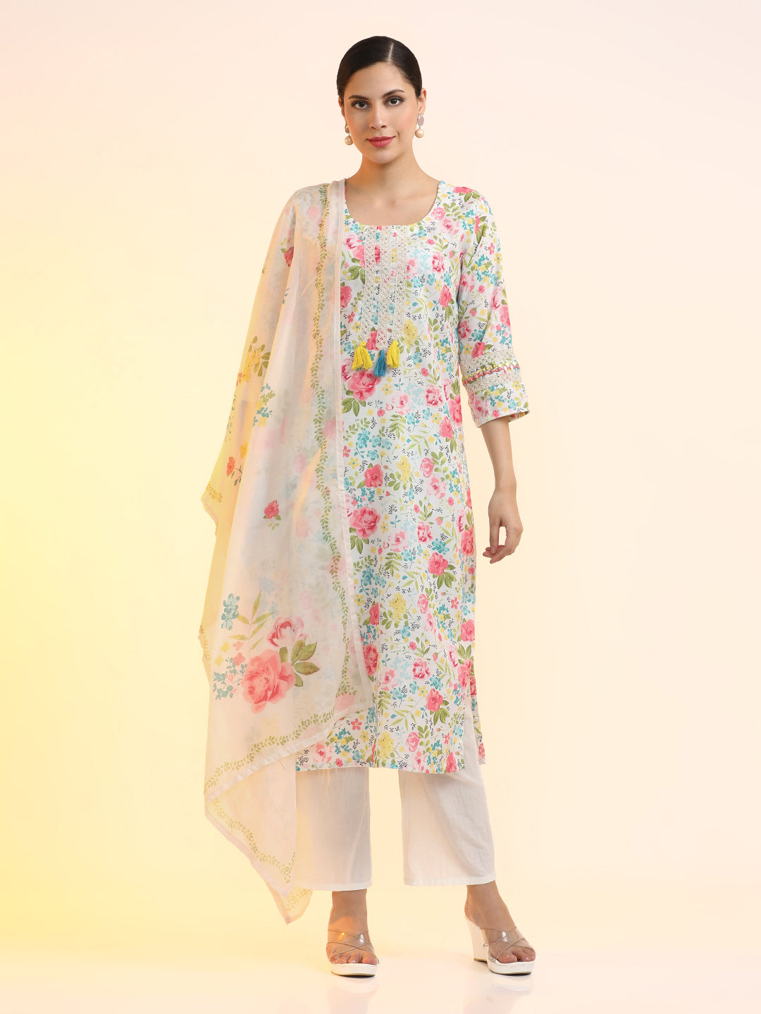 Embroidered Linen Floral Kurta Sets With Dupatta