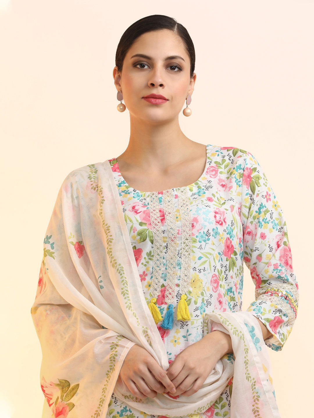 Embroidered Linen Floral Kurta Sets With Dupatta