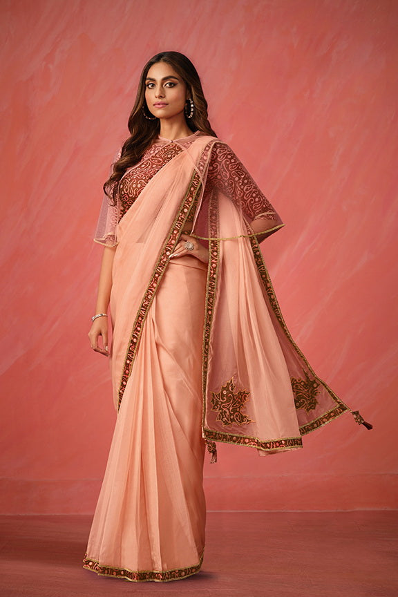Peach Embroidered Satin Party Wear Ready-to-Wear Saree
