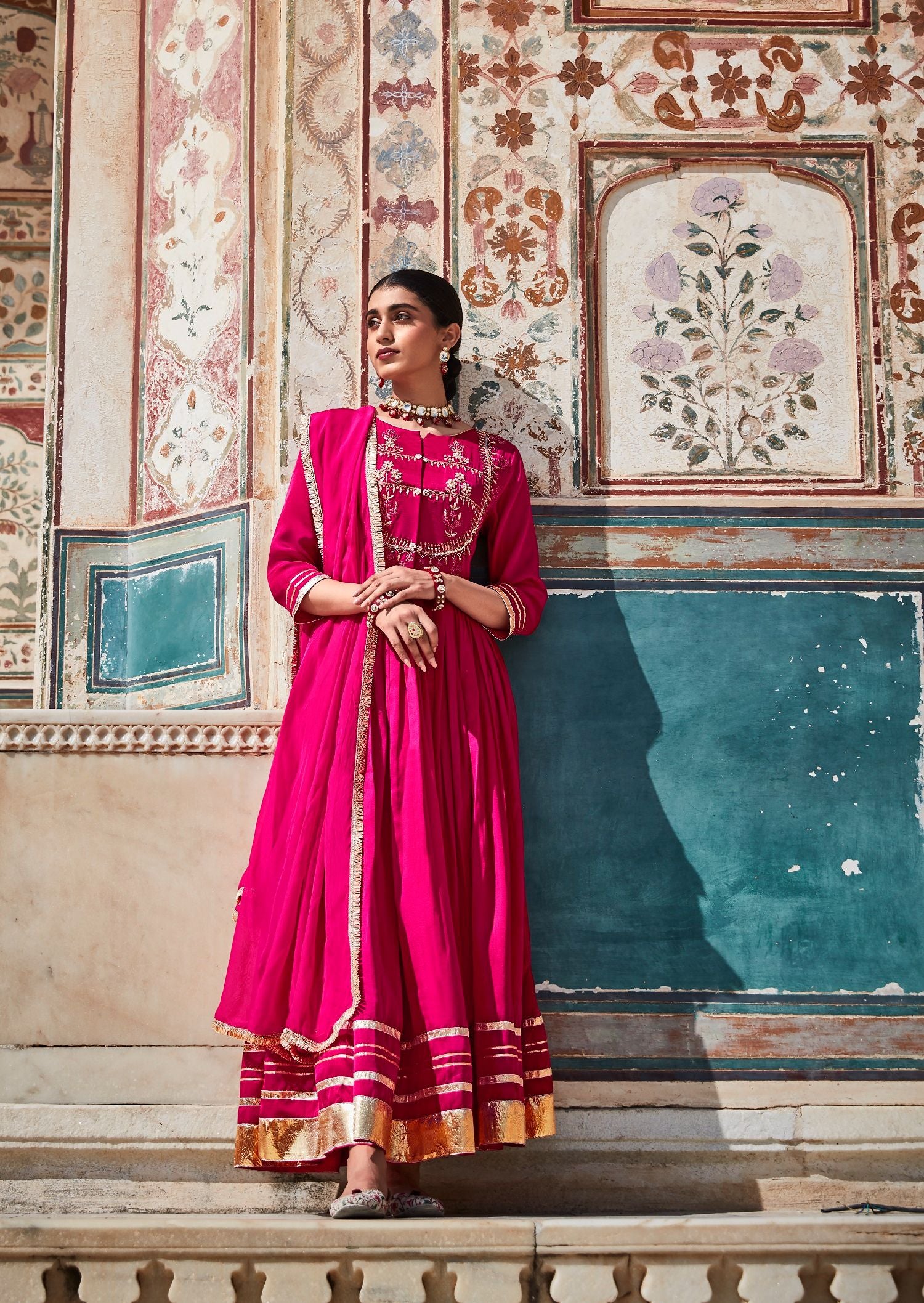 Pink Zardozi Work Floor Length Anarkali Kurta With Organza Embellished Dupatta