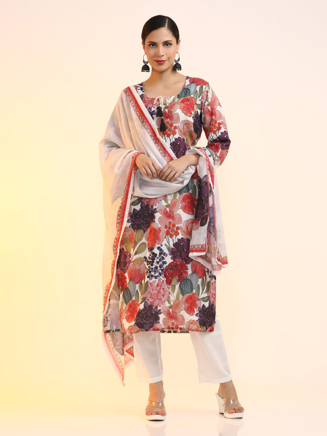 Embroidered Linen Floral Kurta Sets With Dupatta