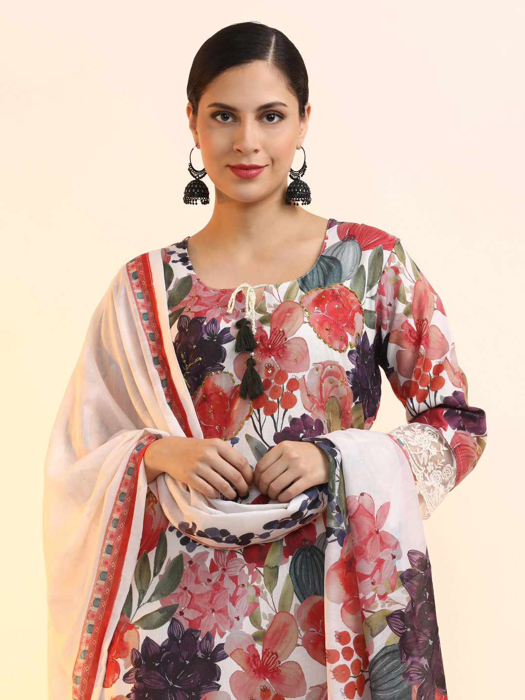 Embroidered Linen Floral Kurta Sets With Dupatta