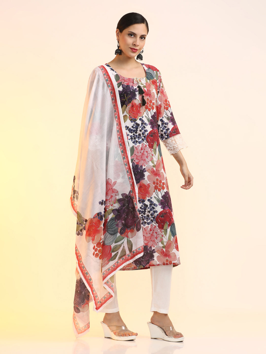Embroidered Linen Floral Kurta Sets With Dupatta