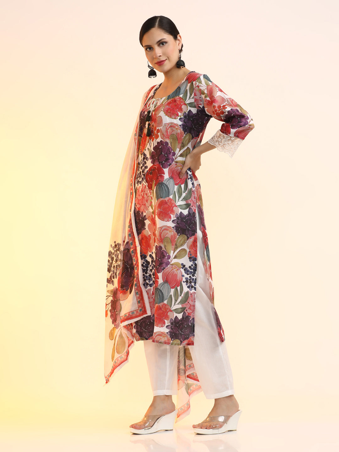 Embroidered Linen Floral Kurta Sets With Dupatta