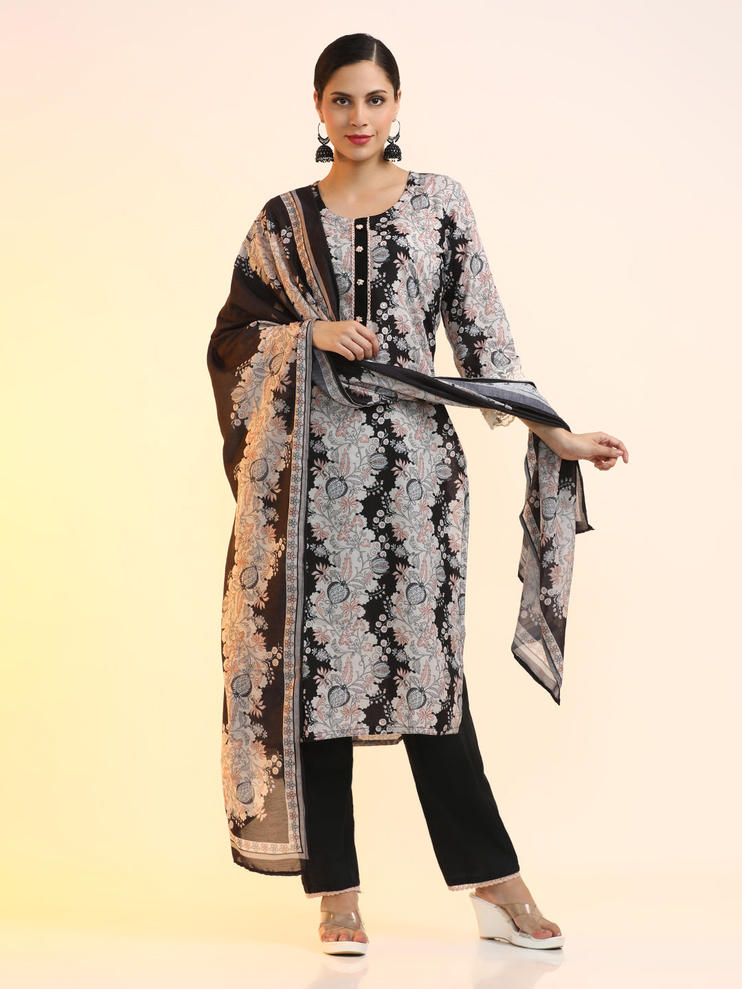 Embroidered Linen Floral Kurta Sets With Dupatta