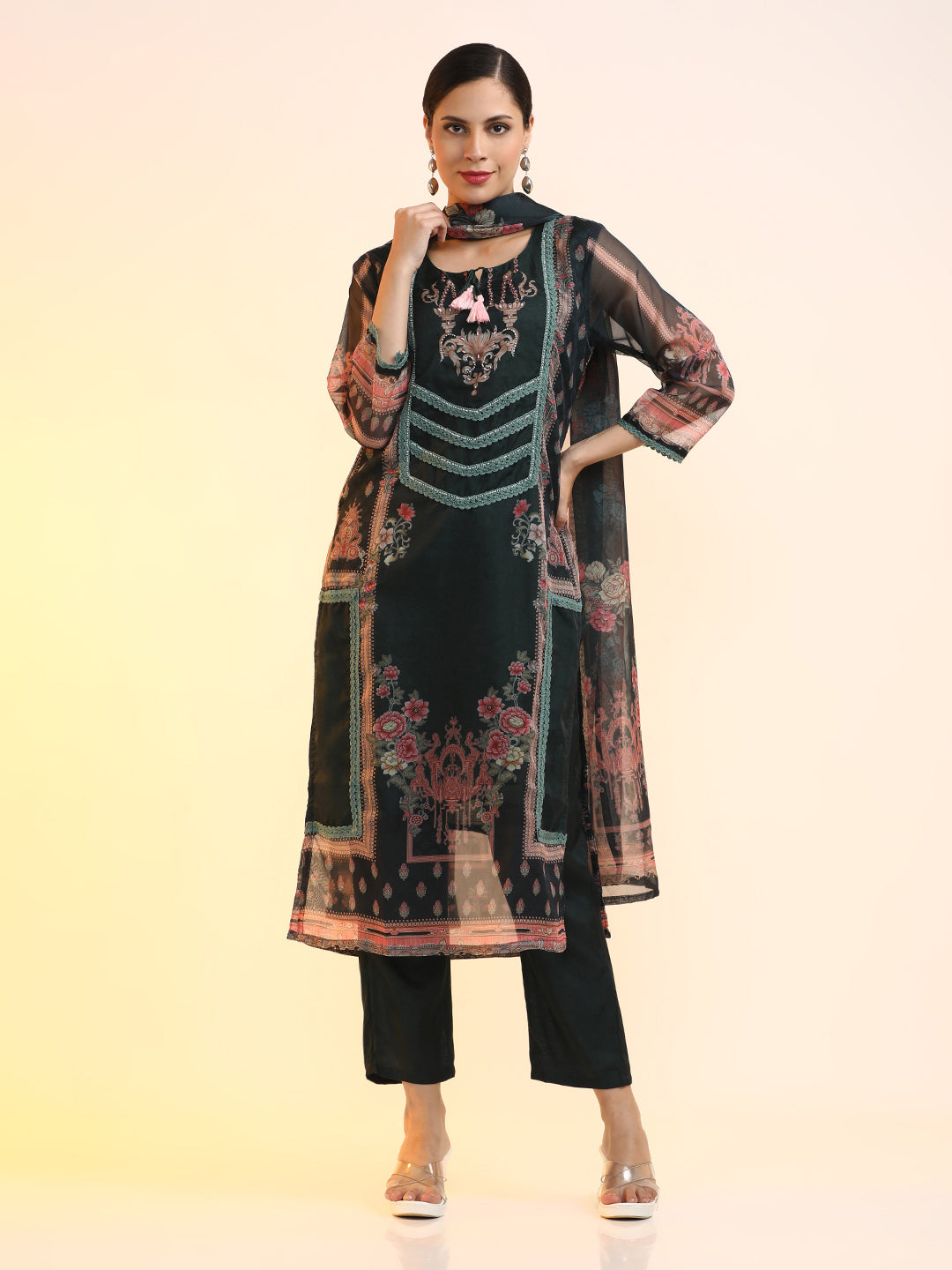 Embroidered Organza Floral Kurta Sets With Dupatta