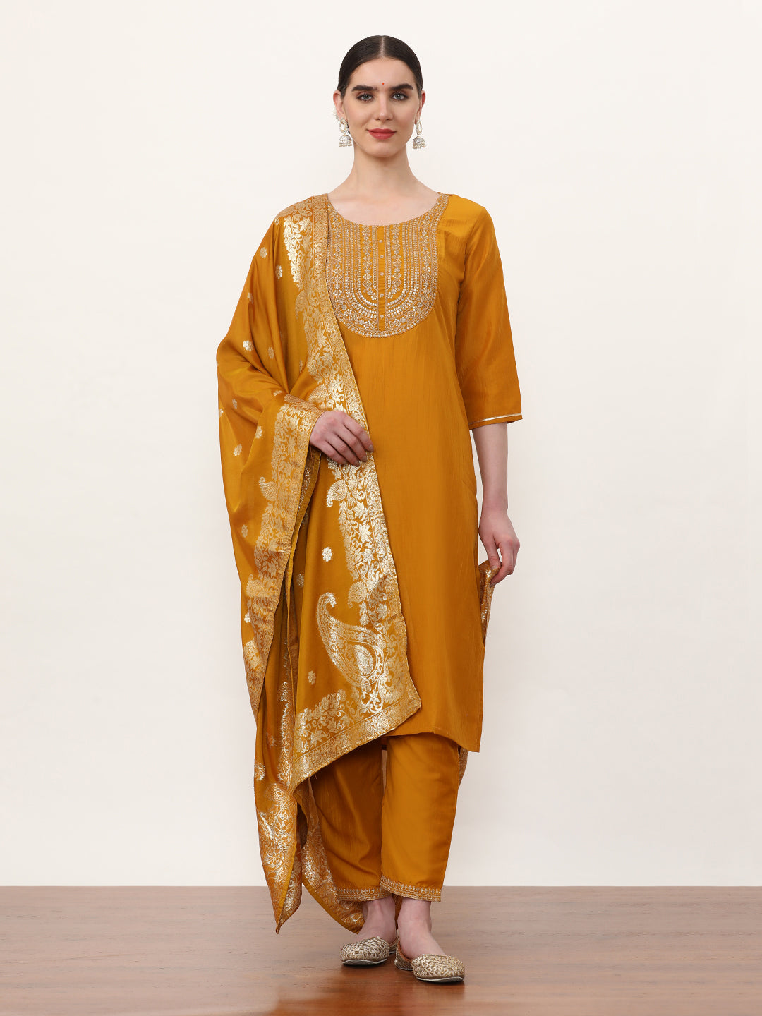 Embroidered Cotton Blend Solid Kurta Sets With Dupatta