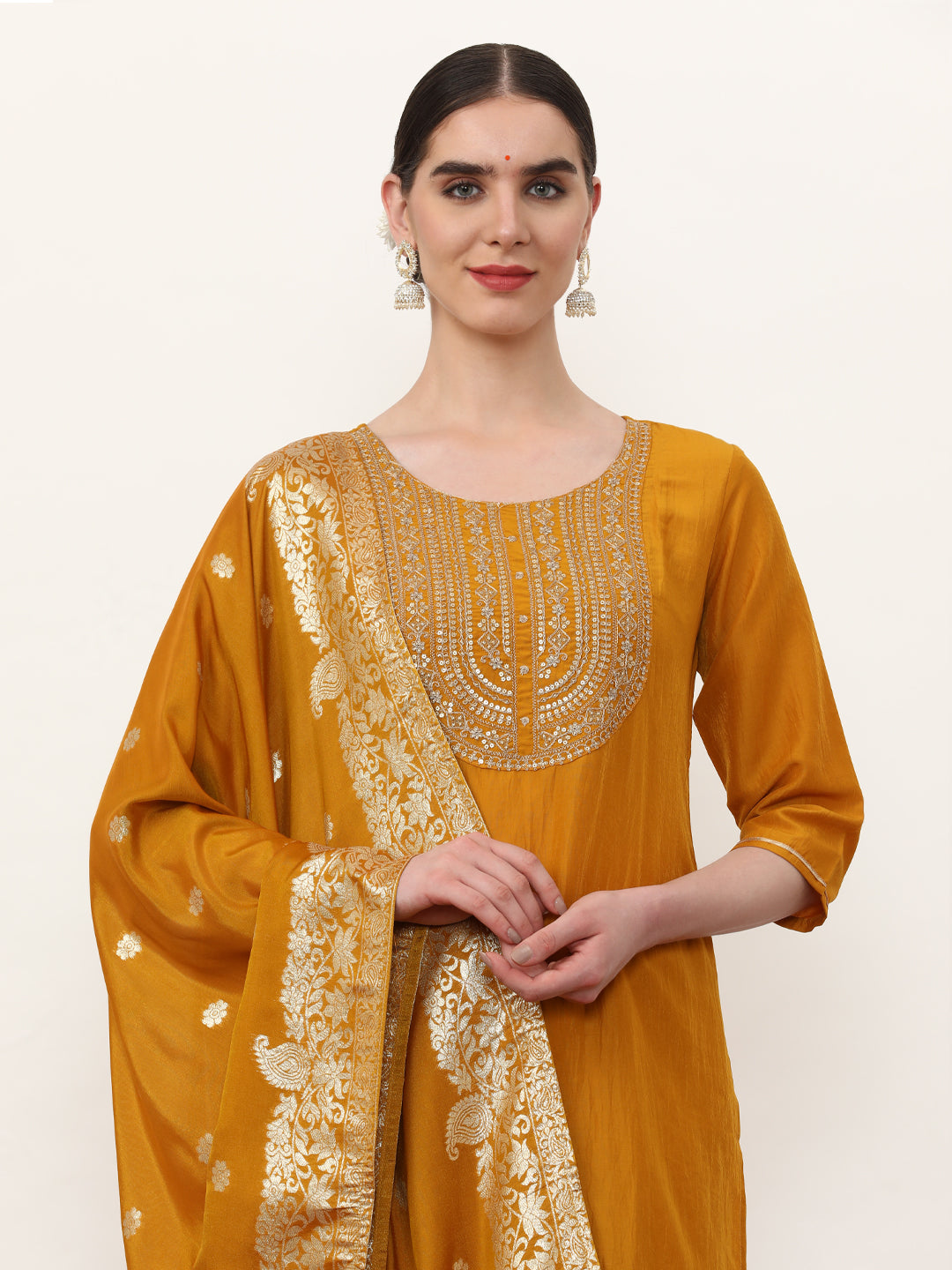 Embroidered Cotton Blend Solid Kurta Sets With Dupatta