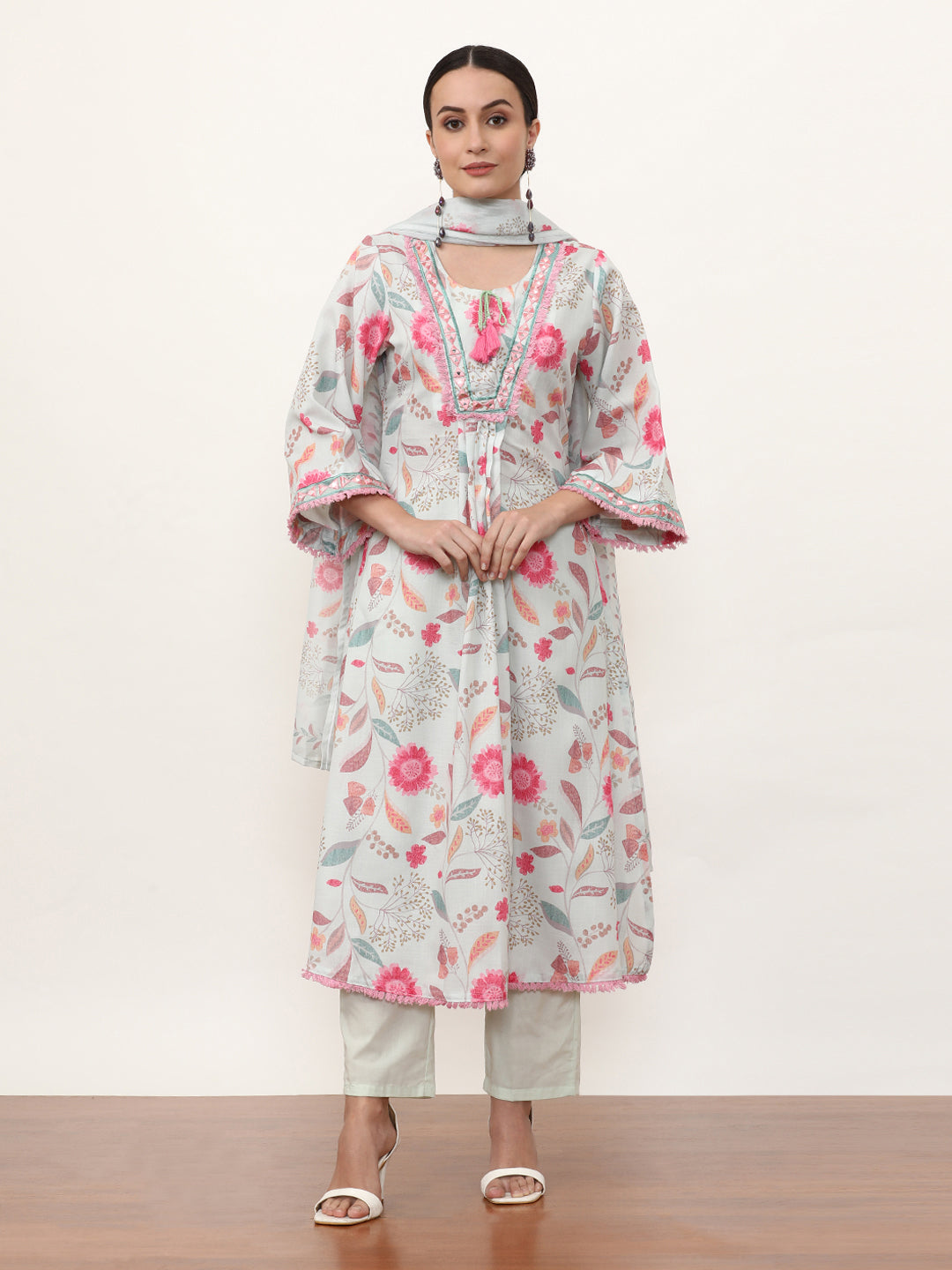 Embroidered Linen Floral Kurta Sets With Dupatta