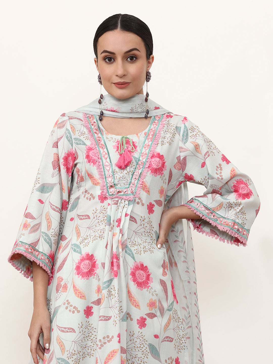 Embroidered Linen Floral Kurta Sets With Dupatta