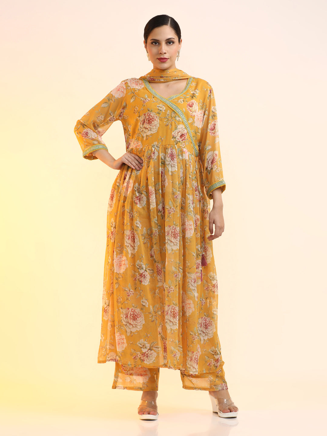 Embroidered Poly Chiffon Floral Kurta Sets With Dupatta