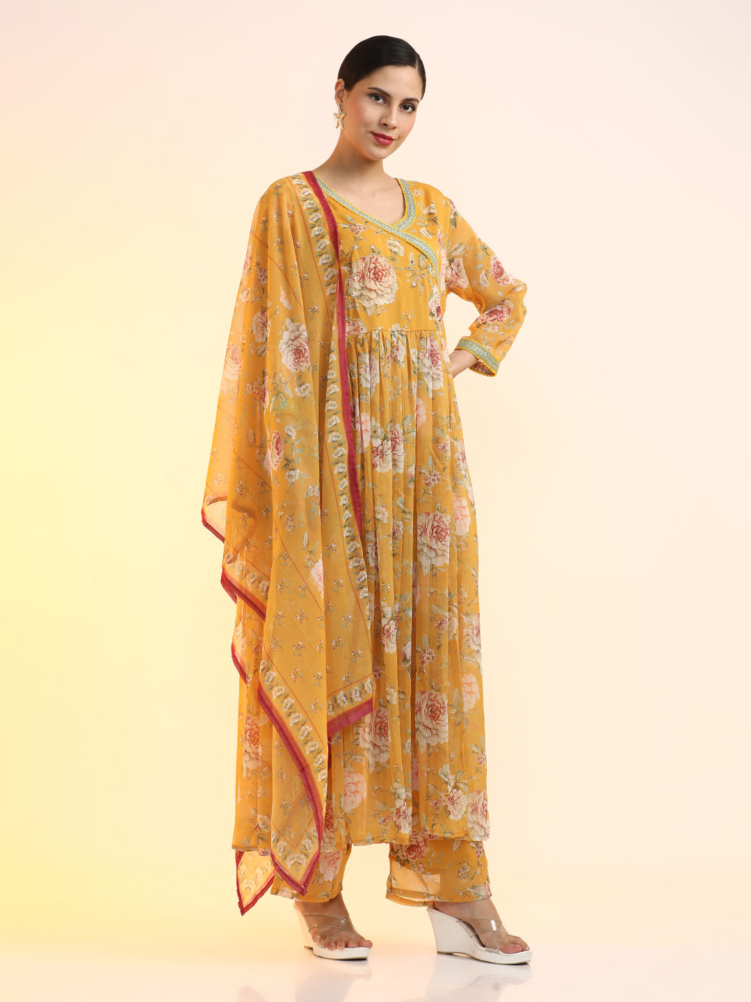 Embroidered Poly Chiffon Floral Kurta Sets With Dupatta